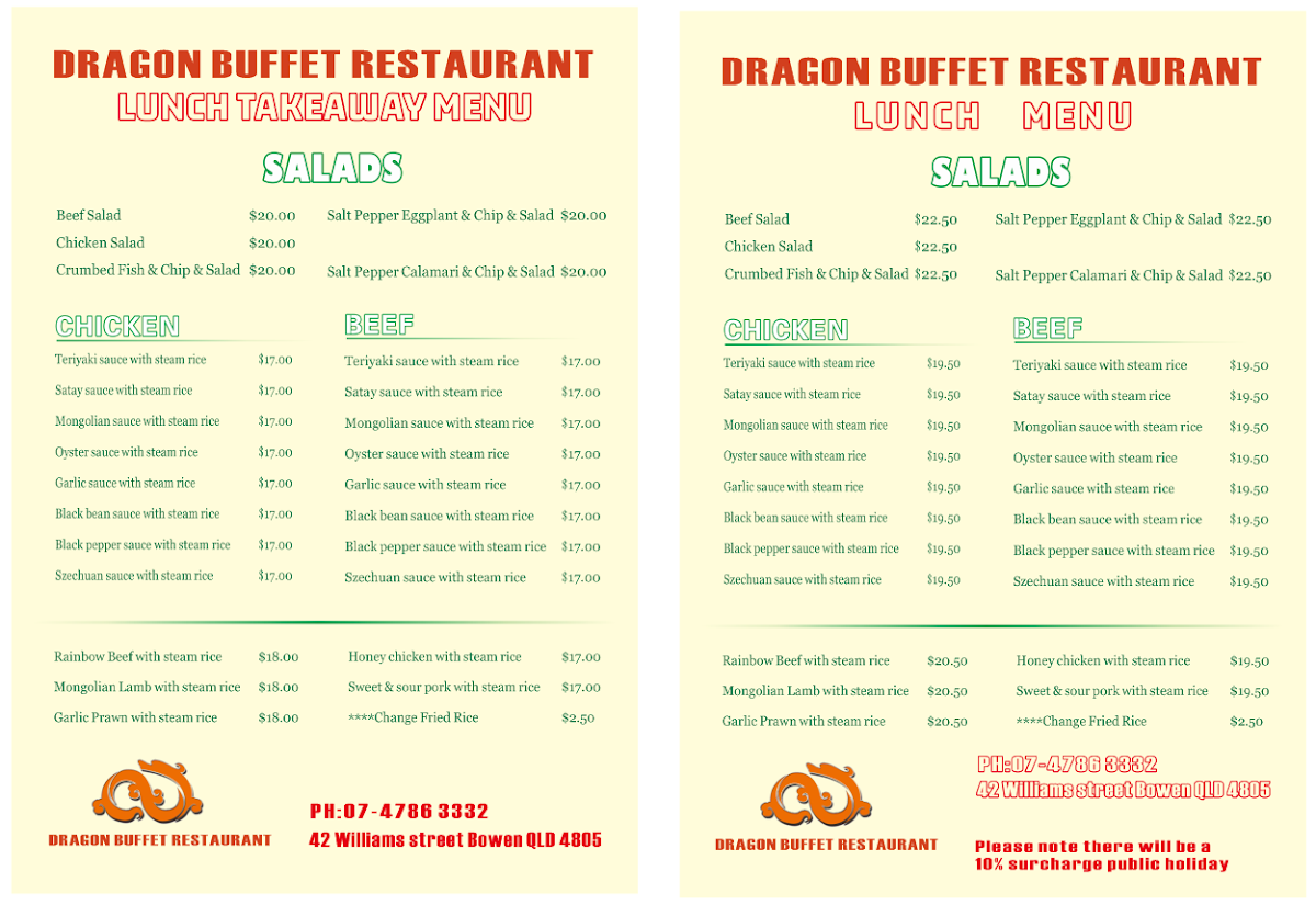 Menu, Dragon buffet & Bowen Noodle Bar