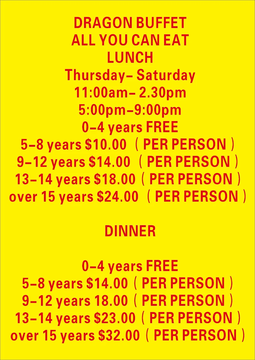 Menu, Dragon buffet & Bowen Noodle Bar