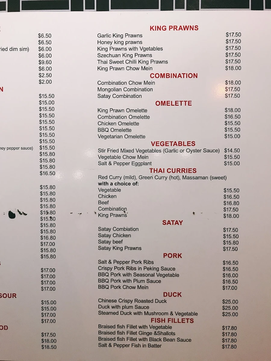 Menu, Dragon buffet & Bowen Noodle Bar