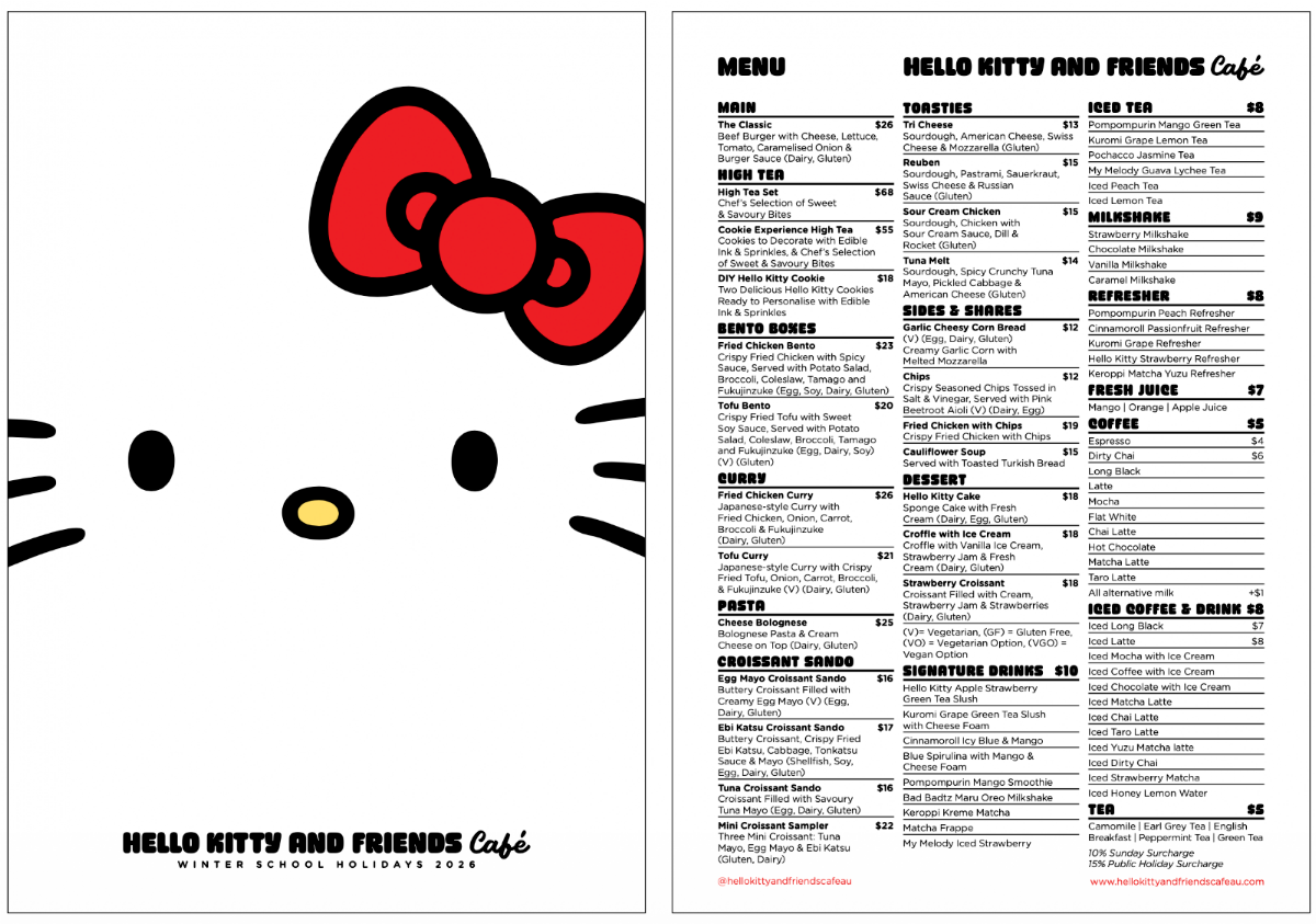 Menu, Hello Kitty and Friends Cafe Melbourne Central