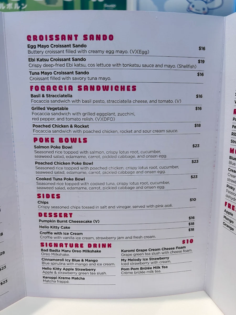 Menu, Hello Kitty and Friends Cafe Melbourne Central