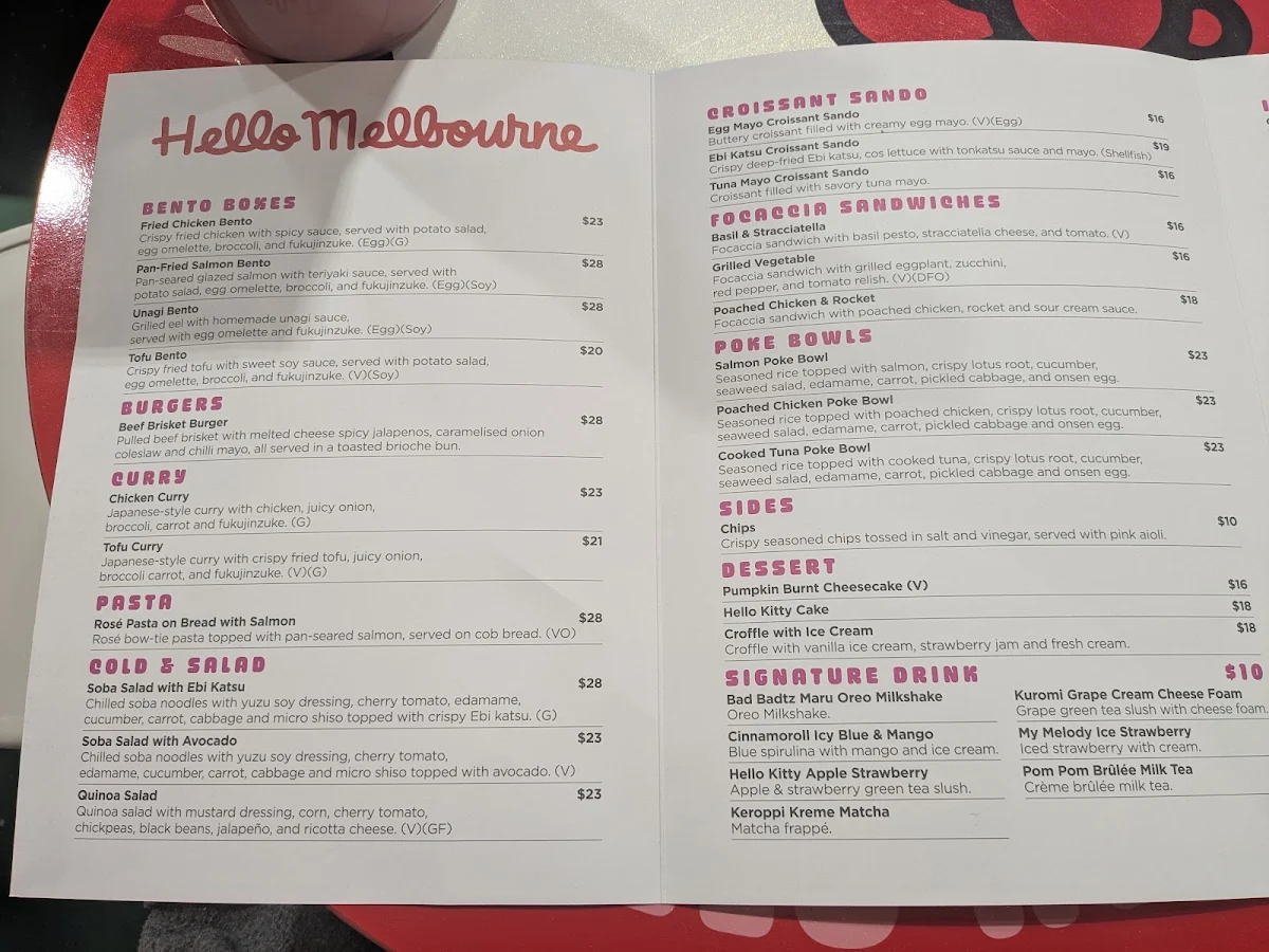 Menu, Hello Kitty and Friends Cafe Melbourne Central