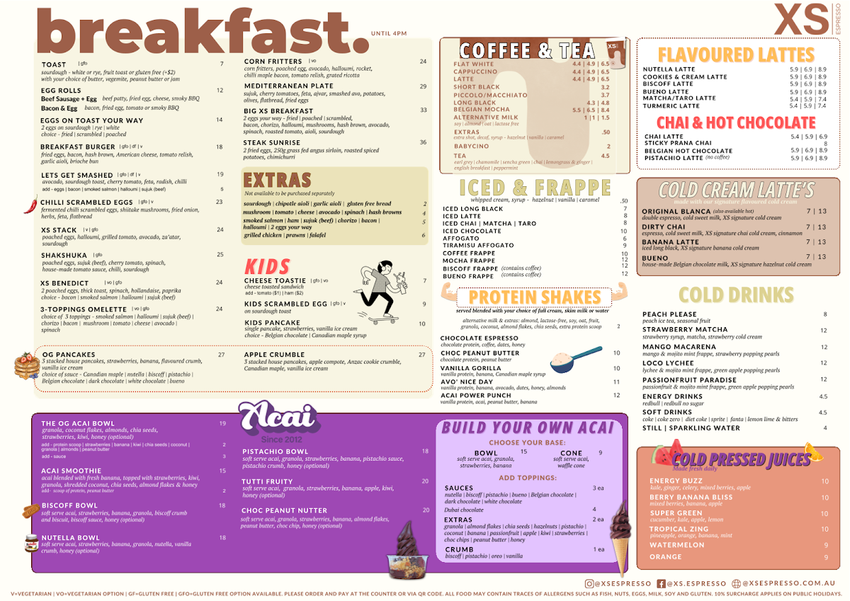 Menu, XS Espresso Merrylands