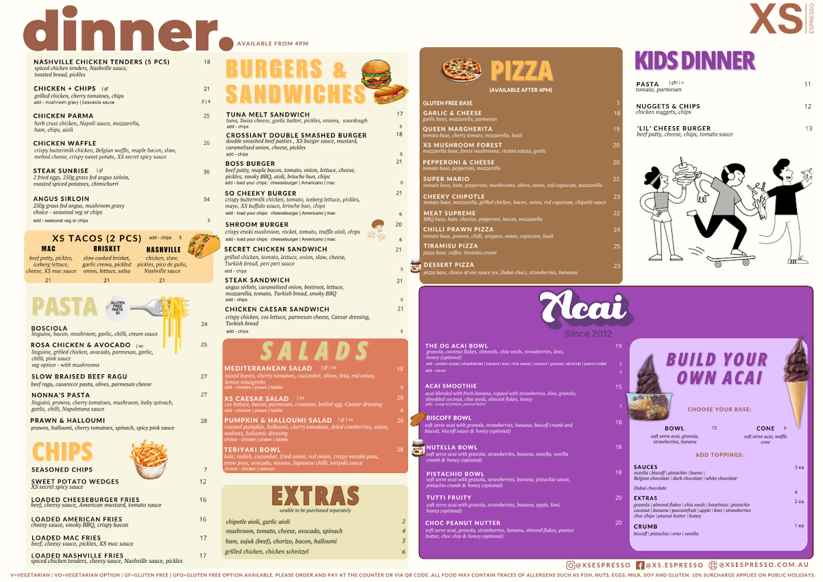 Menu, XS Espresso Merrylands