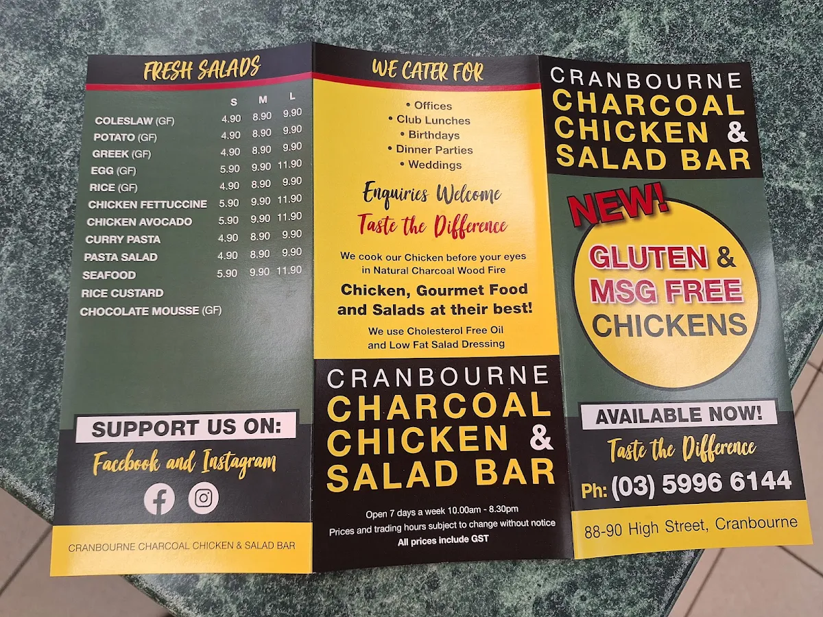 Menu, Cranbourne Charcoal Chicken