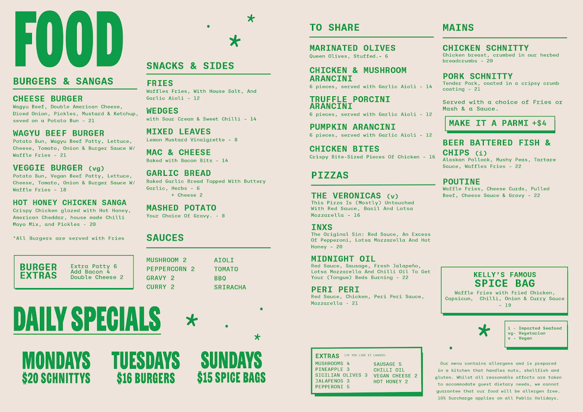 Menu, Kelly's on King