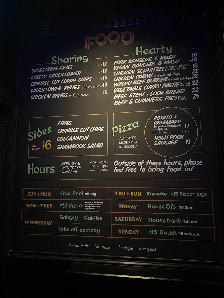 Menu, Kelly's on King