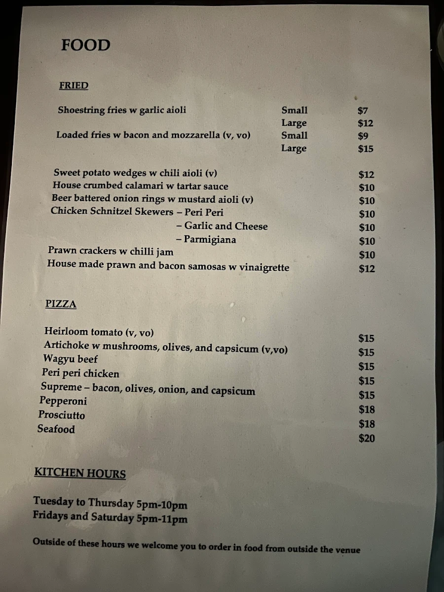 Menu, Kelly's on King