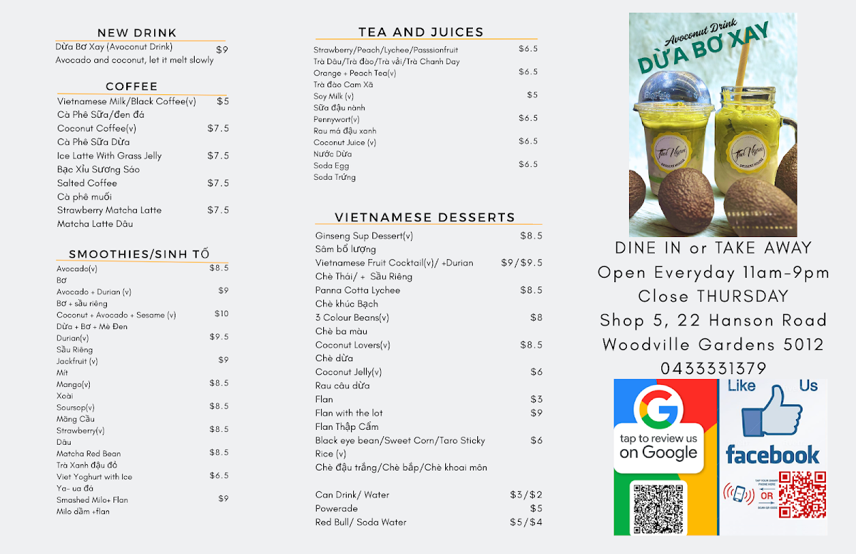 Menu, Cafe Thu Ngan