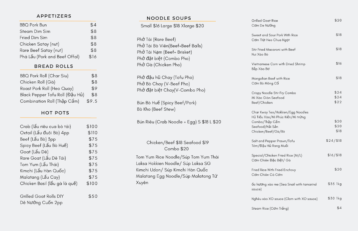 Menu, Cafe Thu Ngan
