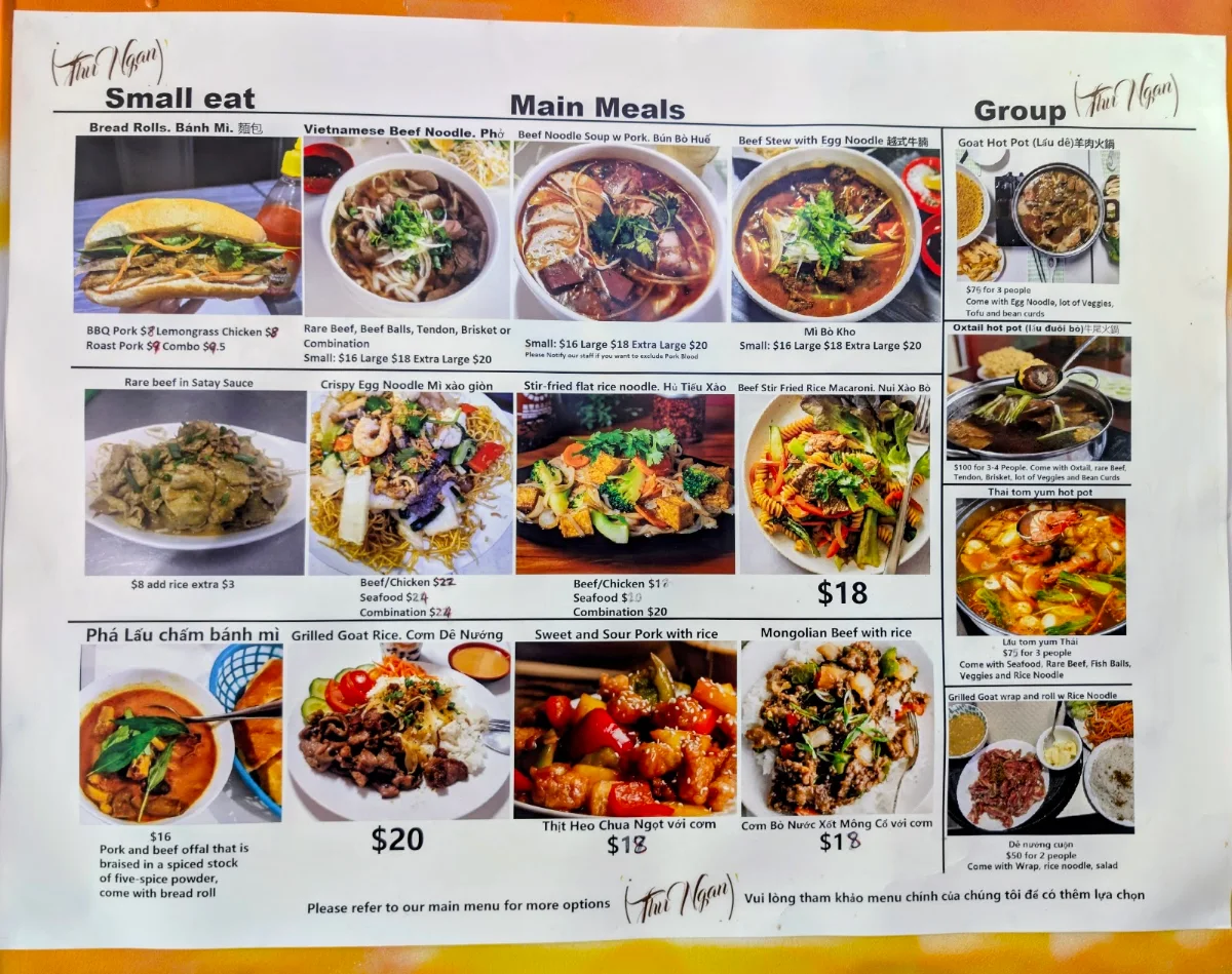 Menu, Cafe Thu Ngan