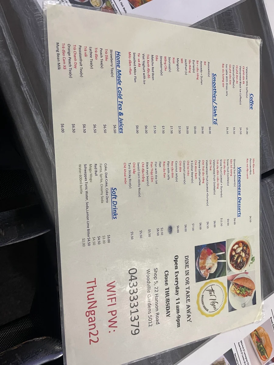 Menu, Cafe Thu Ngan