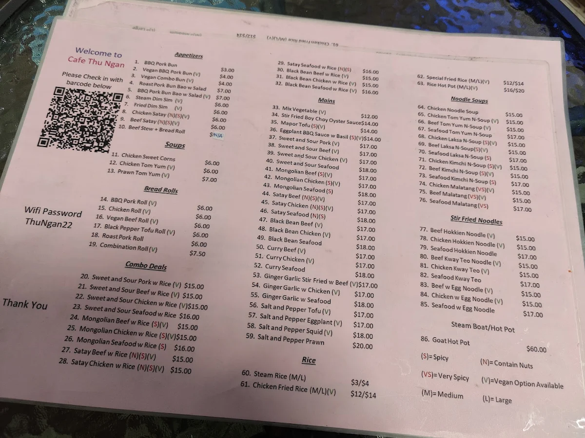 Menu, Cafe Thu Ngan