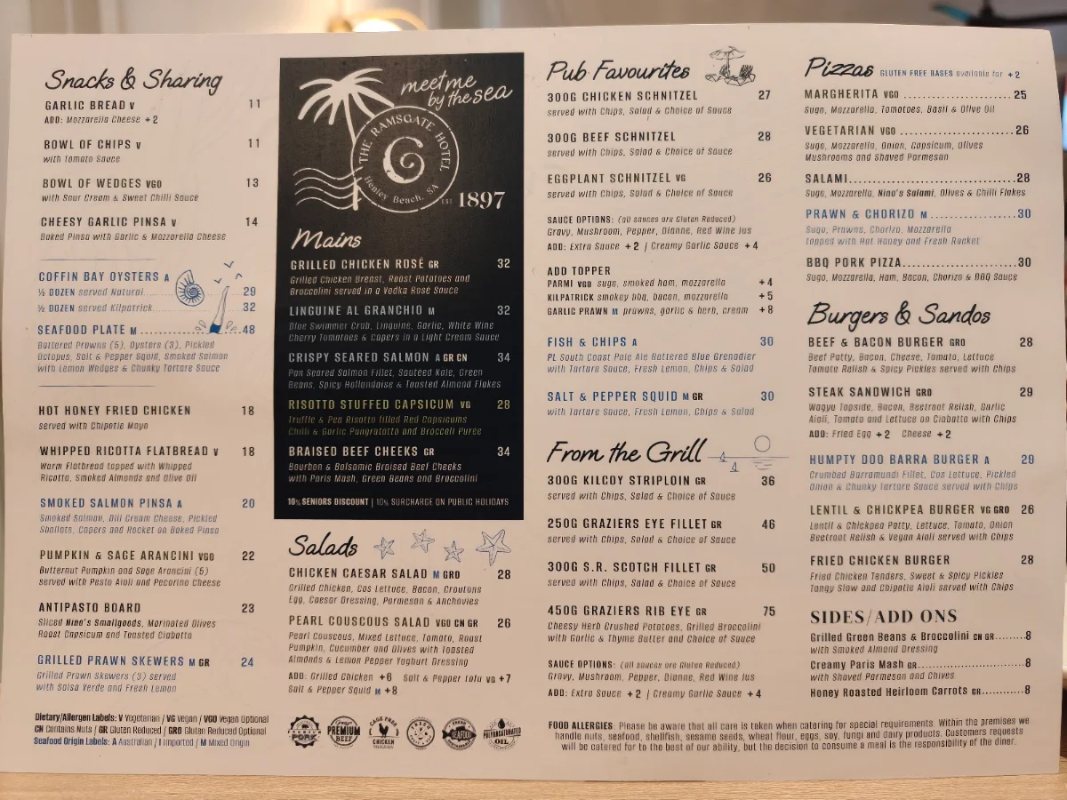 Menu, Ramsgate Hotel