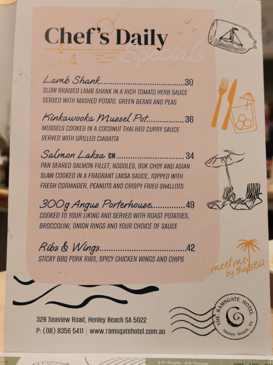 Menu, Ramsgate Hotel