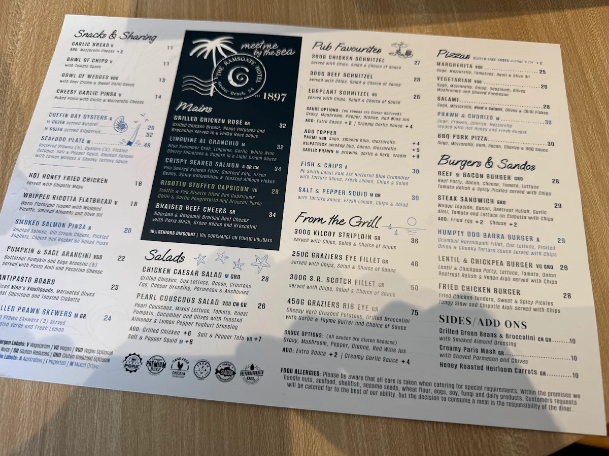 Menu, Ramsgate Hotel