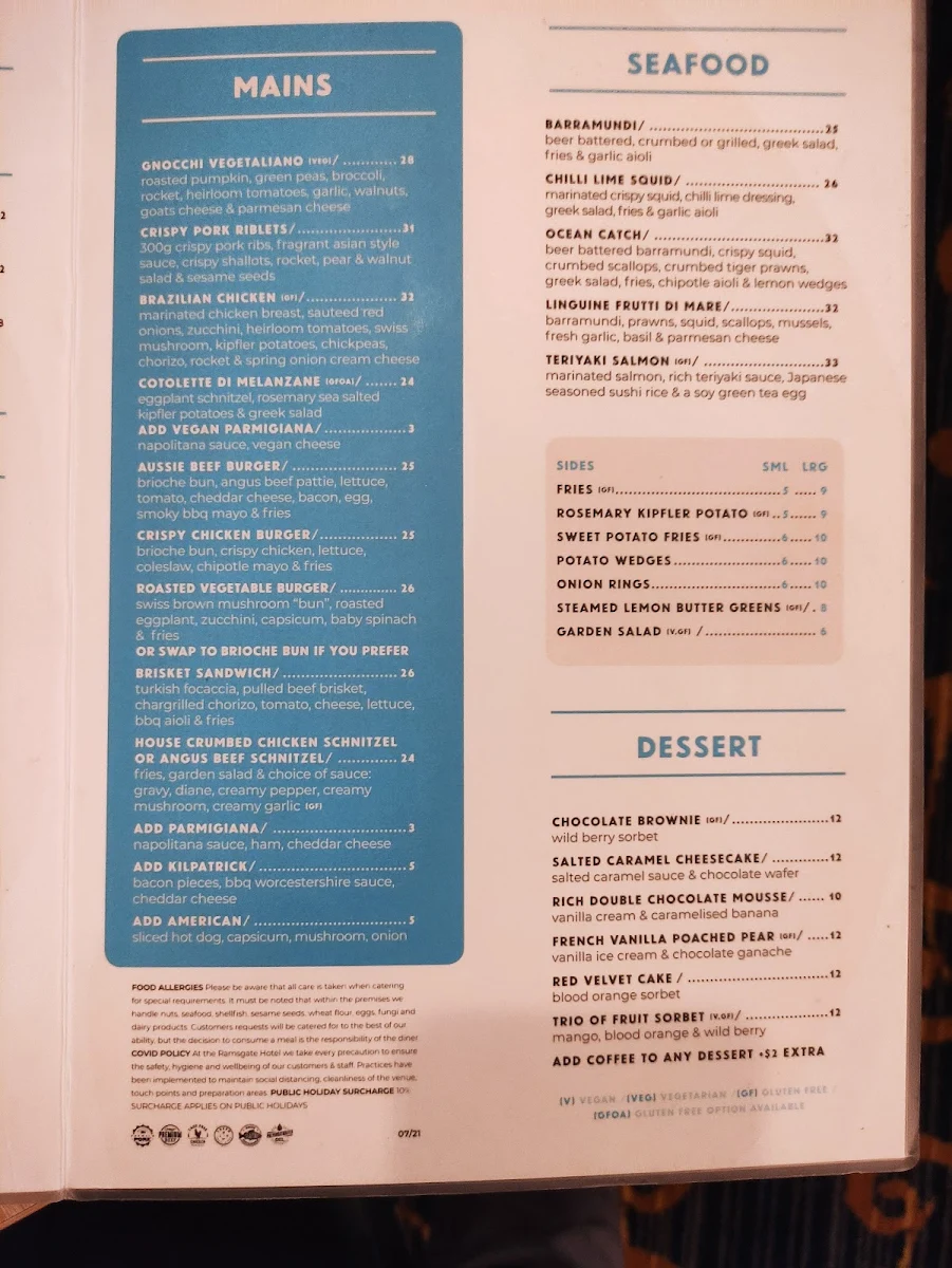 Menu, Ramsgate Hotel
