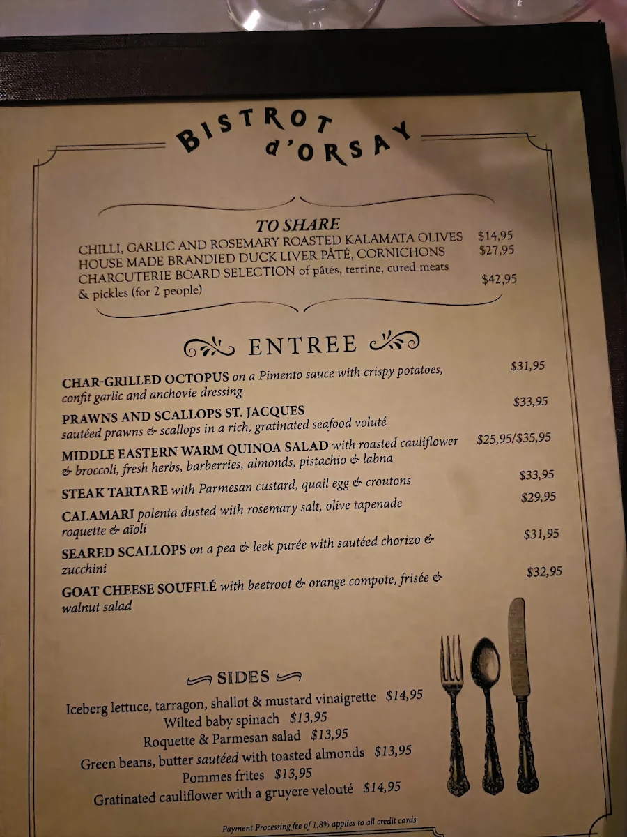 Menu, Bistrot d'Orsay