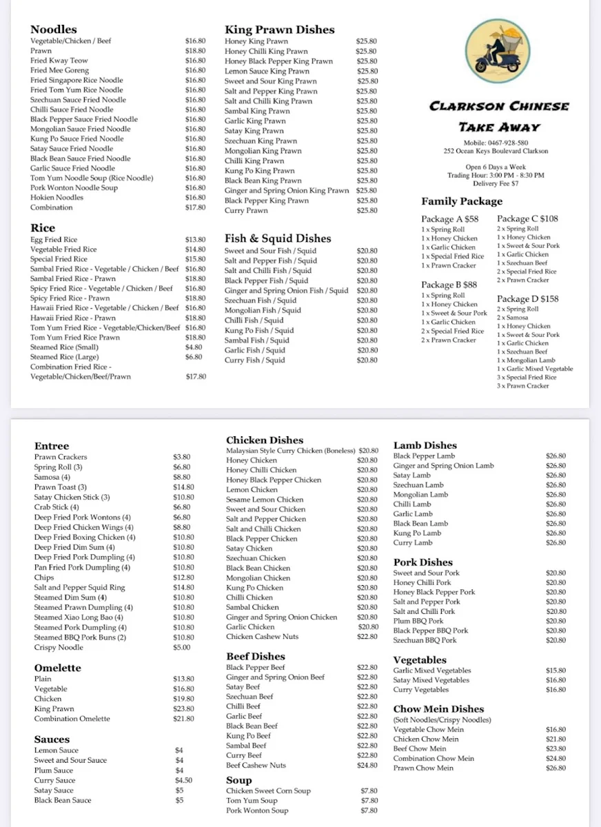 Menu, Clarkson Chinese Takeaway