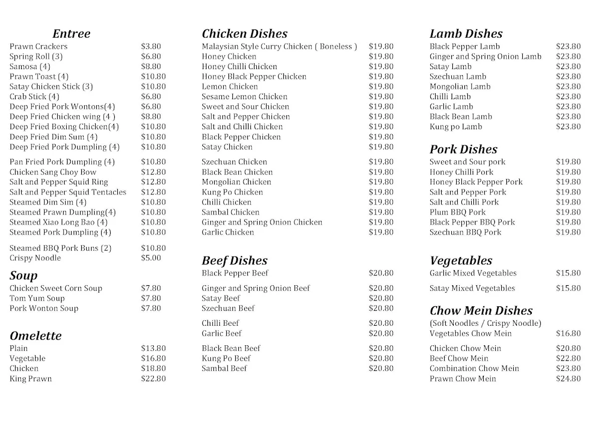 Menu, Clarkson Chinese Takeaway