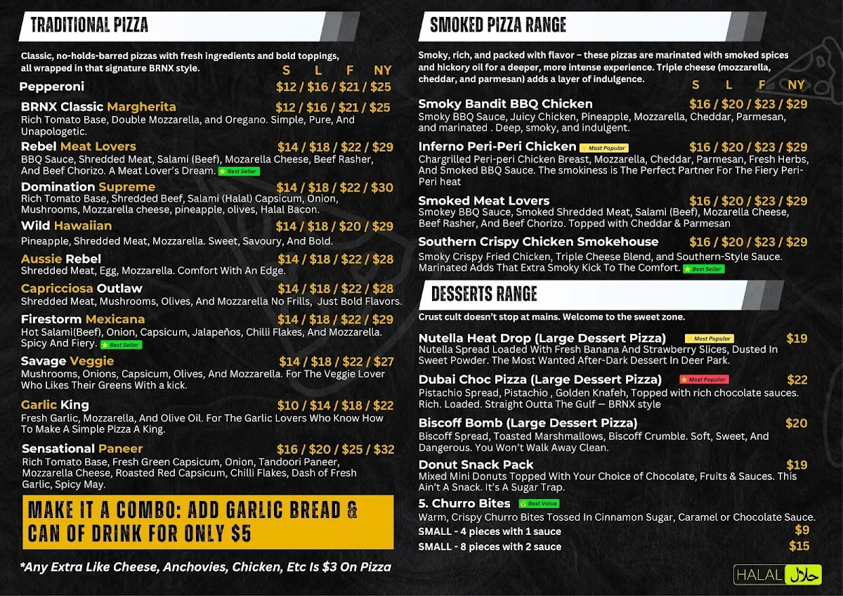Menu, BRNX Pizza, Burger & Hot Dogs Deer Park