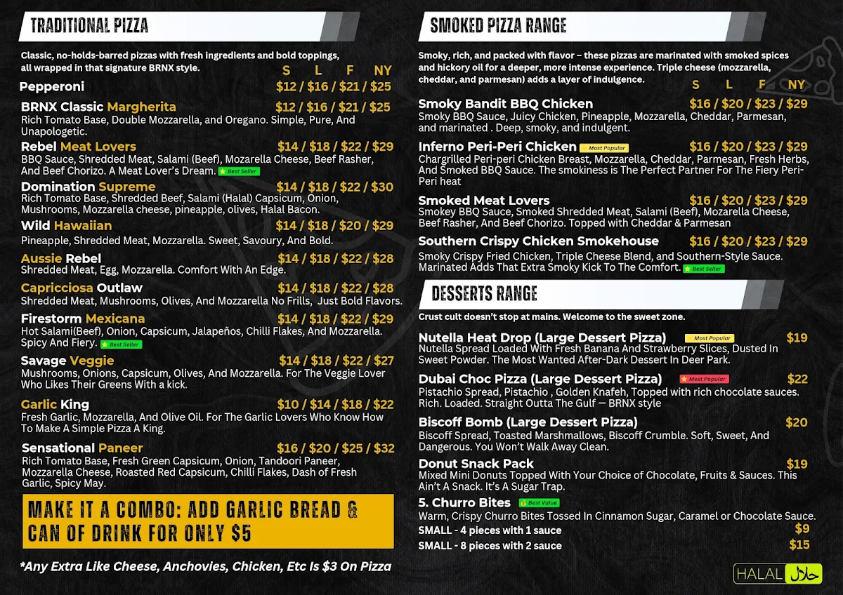 Menu, BRNX Pizza, Burger & Hot Dogs Deer Park