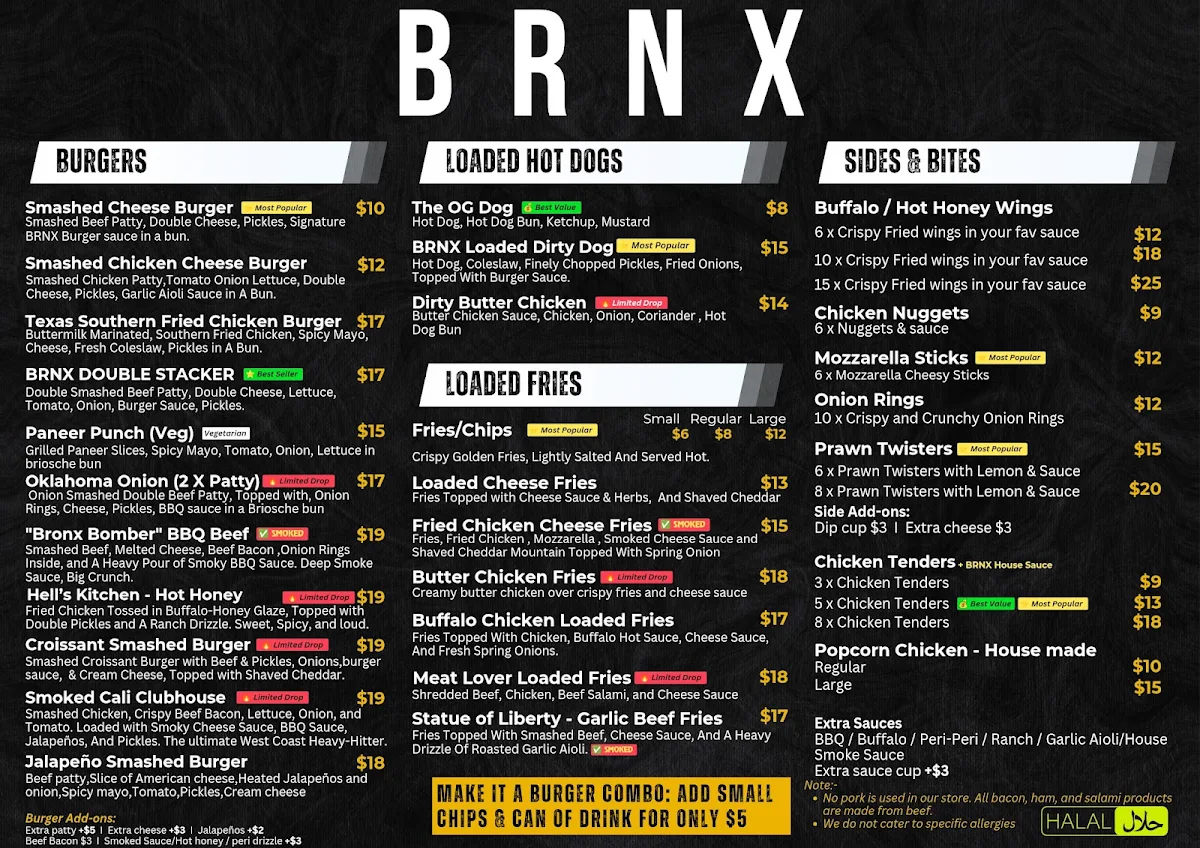 Menu, BRNX Pizza, Burger & Hot Dogs Deer Park