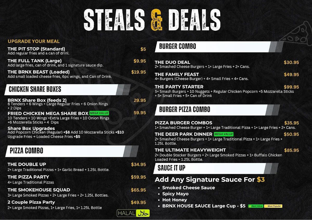 Menu, BRNX Pizza, Burger & Hot Dogs Deer Park