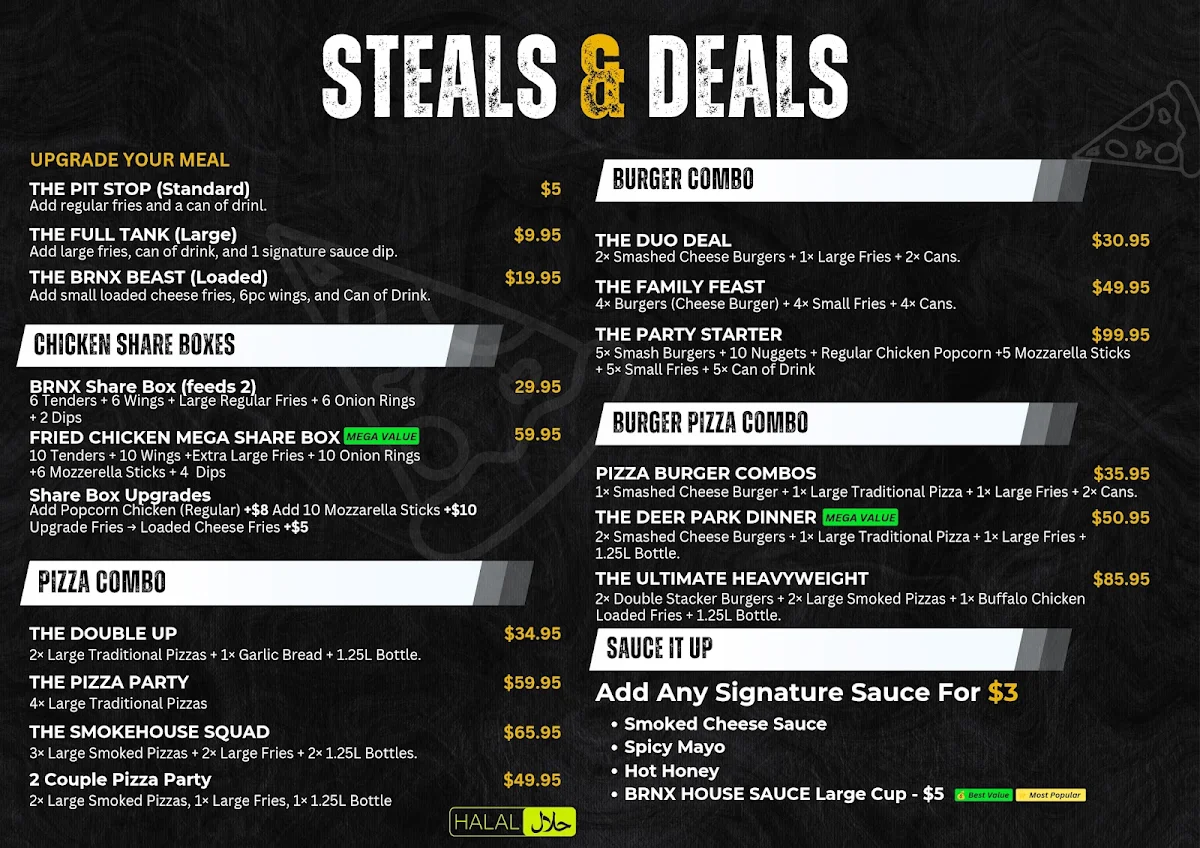 Menu, BRNX Pizza, Burger & Hot Dogs Deer Park