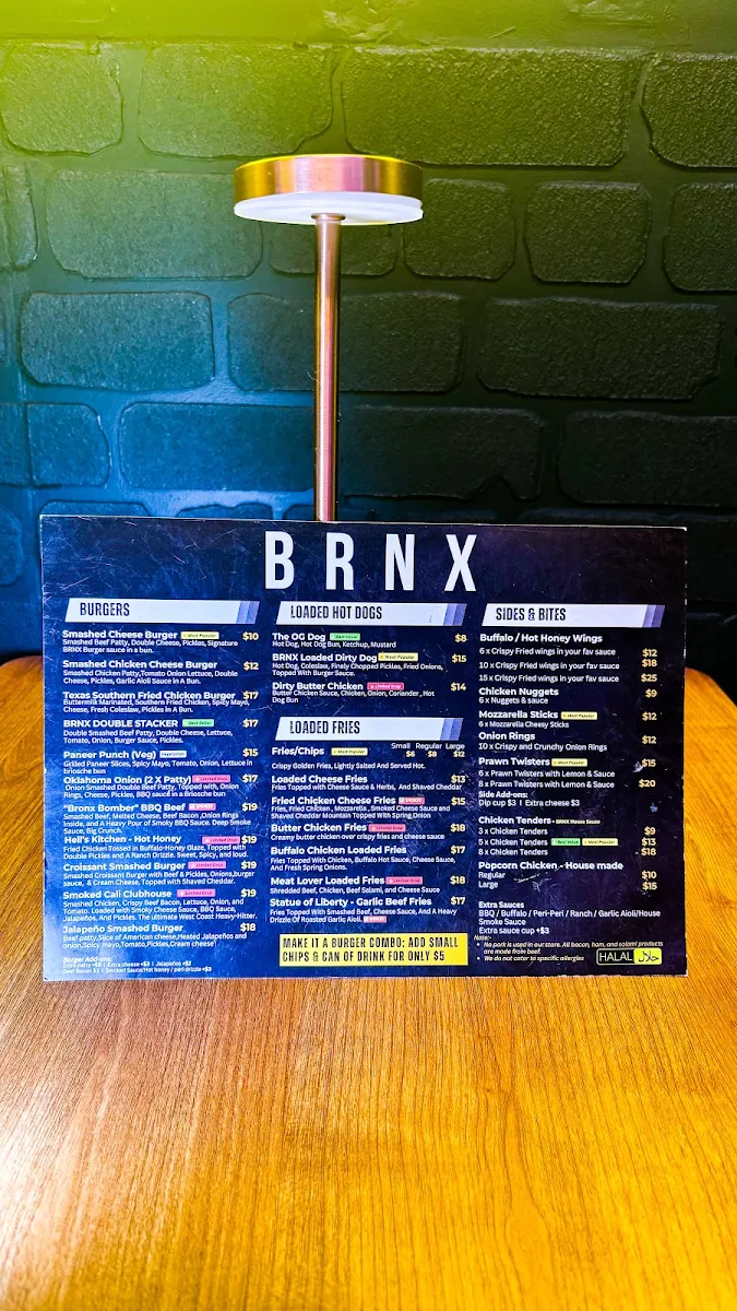 Menu, BRNX Pizza, Burger & Hot Dogs Deer Park