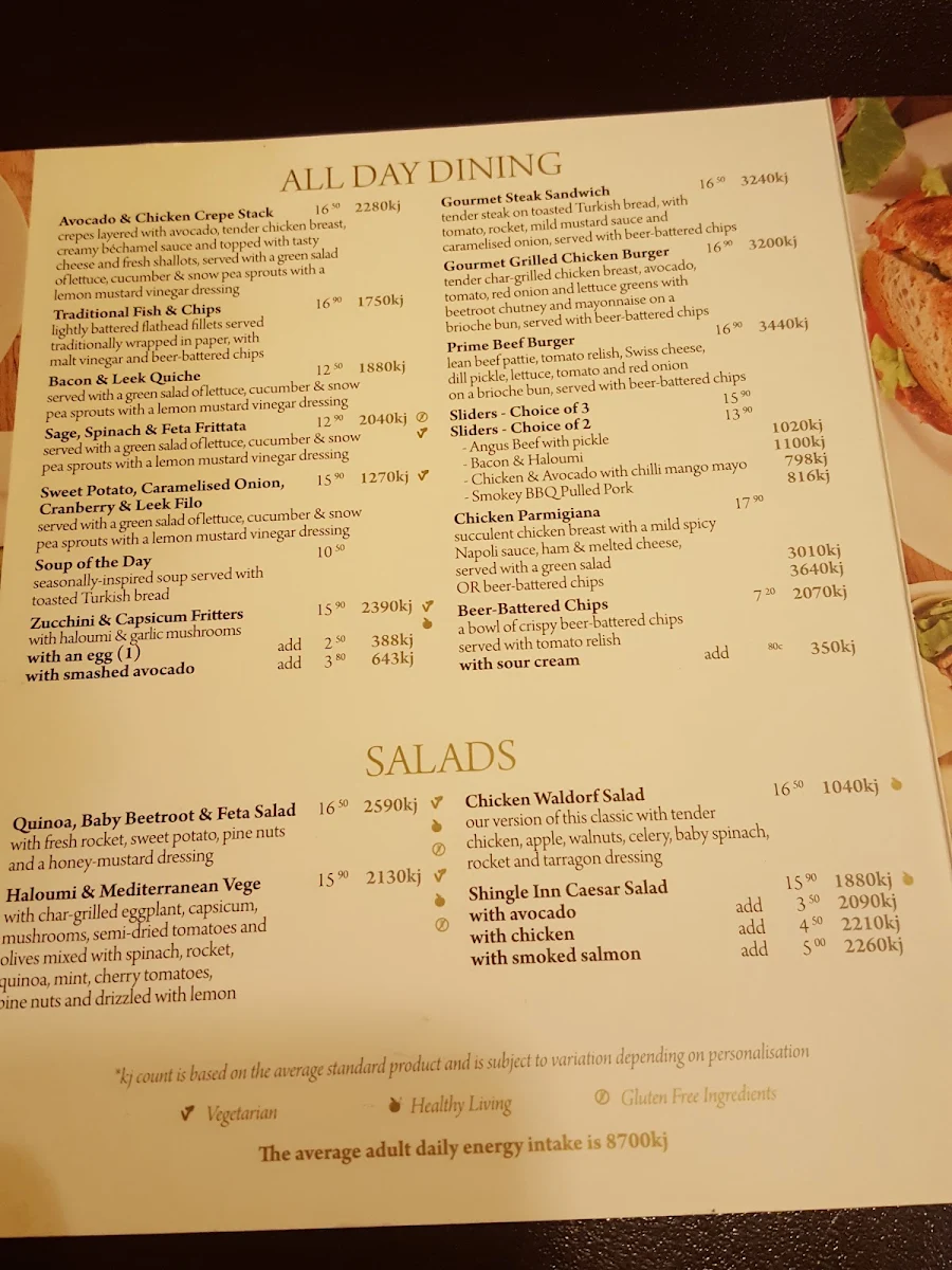Menu, Shingle Inn Belmont