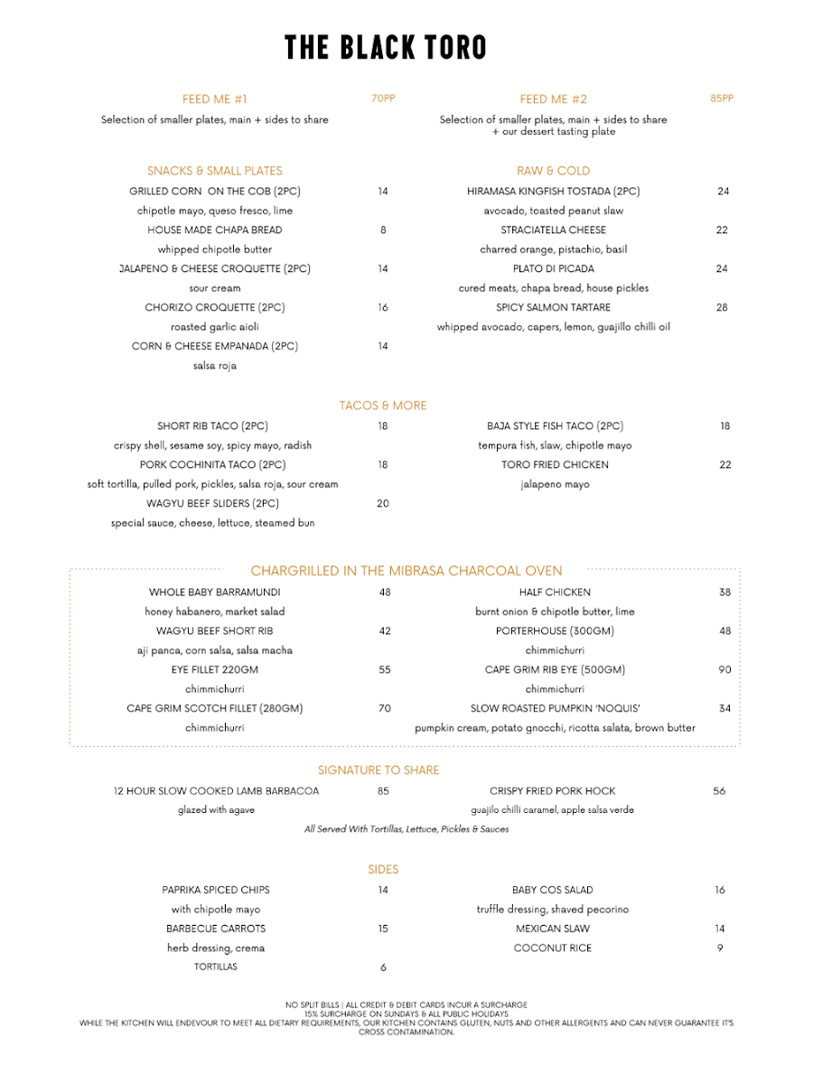 Menu, The Black Toro