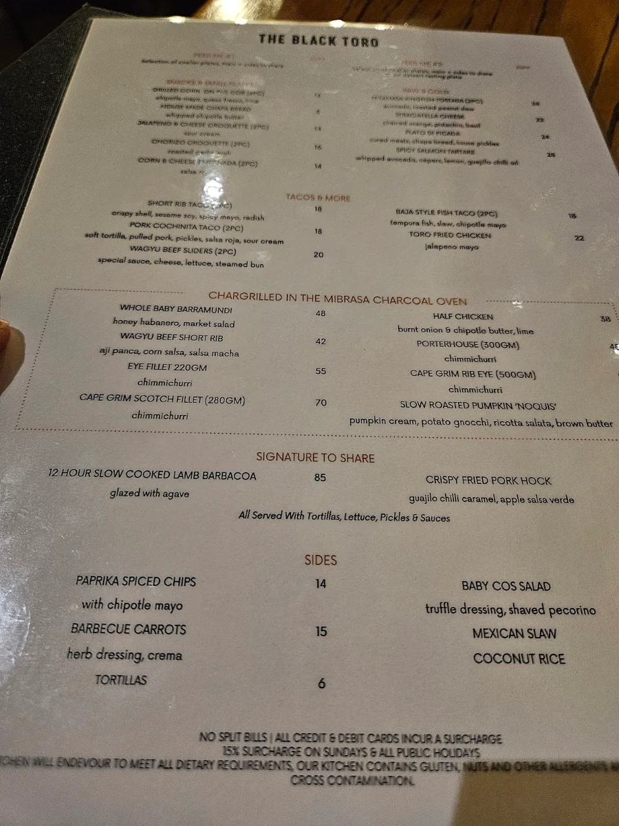 Menu, The Black Toro