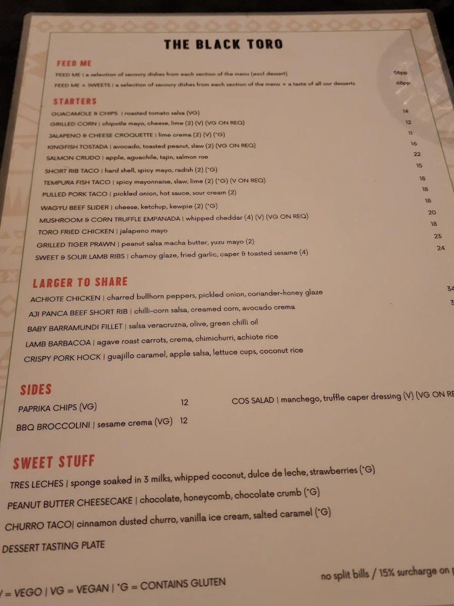 Menu, The Black Toro