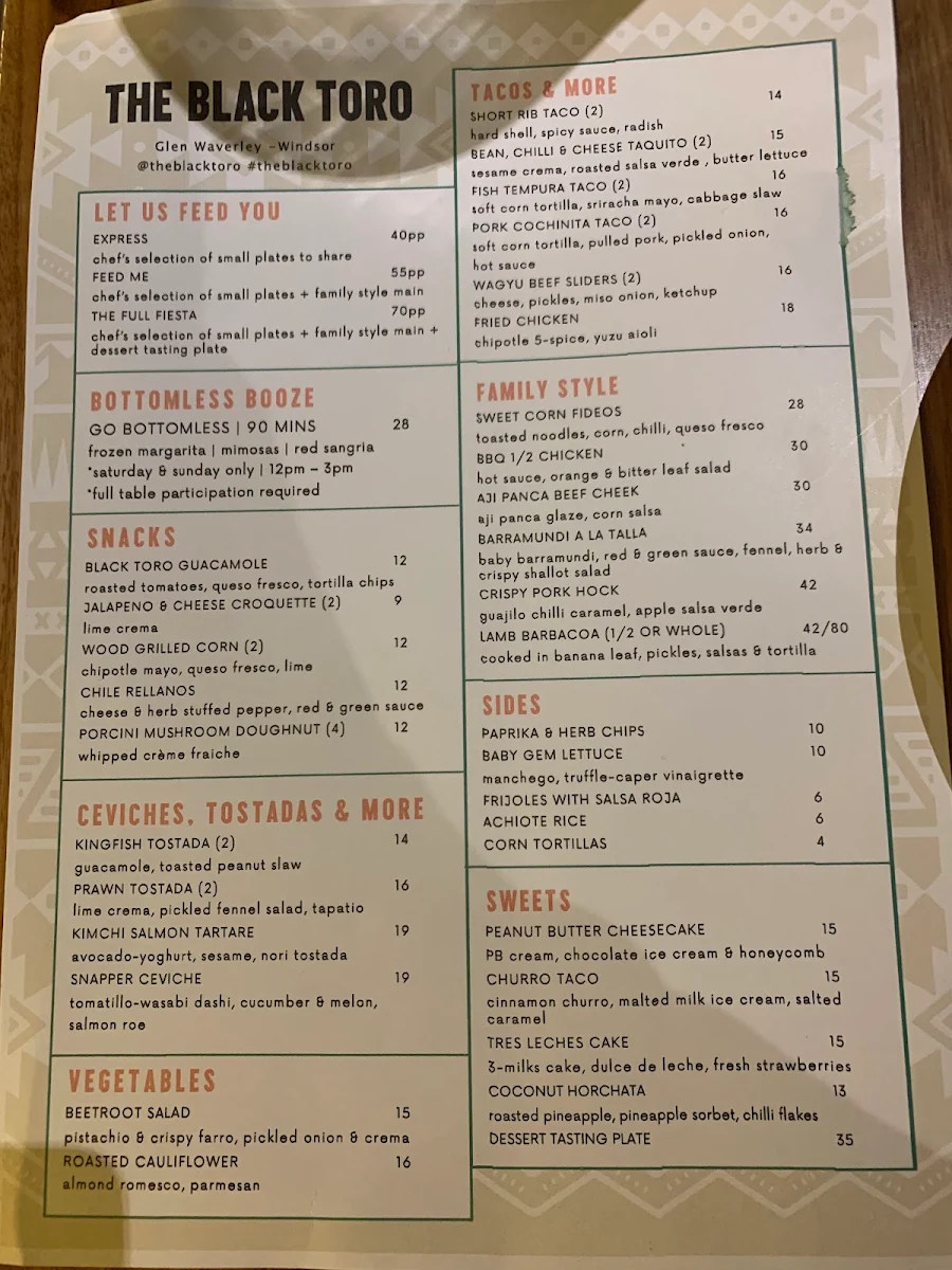 Menu, The Black Toro