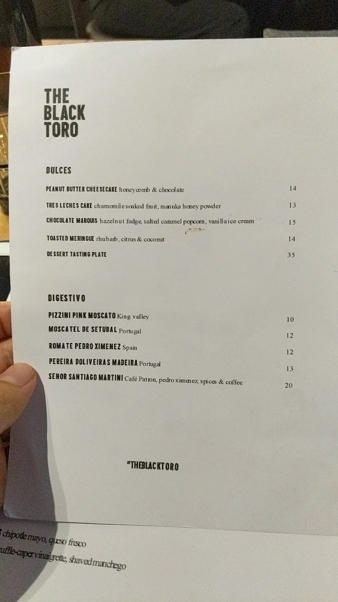 Menu, The Black Toro