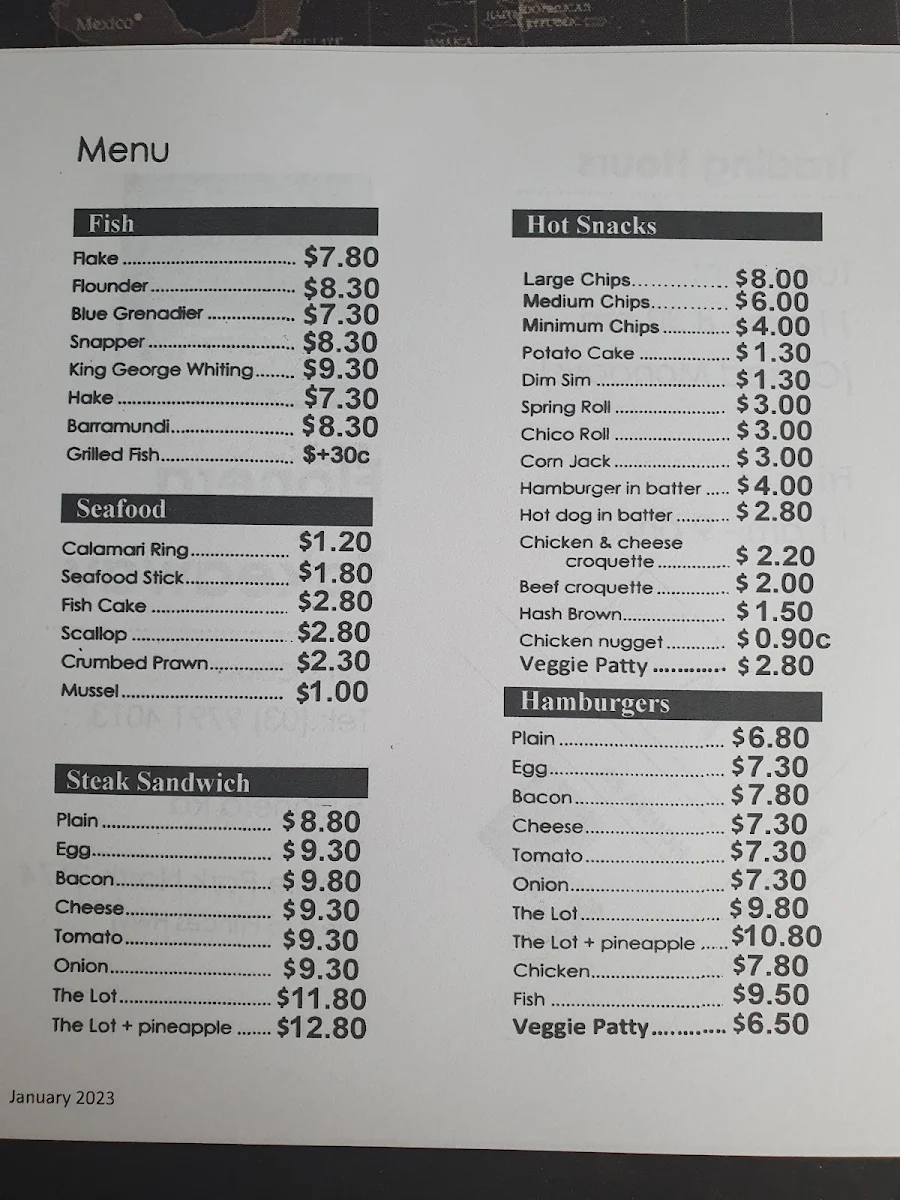 Menu, Noble Park Fish & Chips