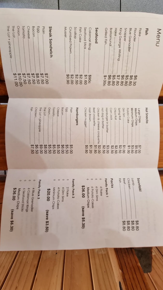 Menu, Noble Park Fish & Chips