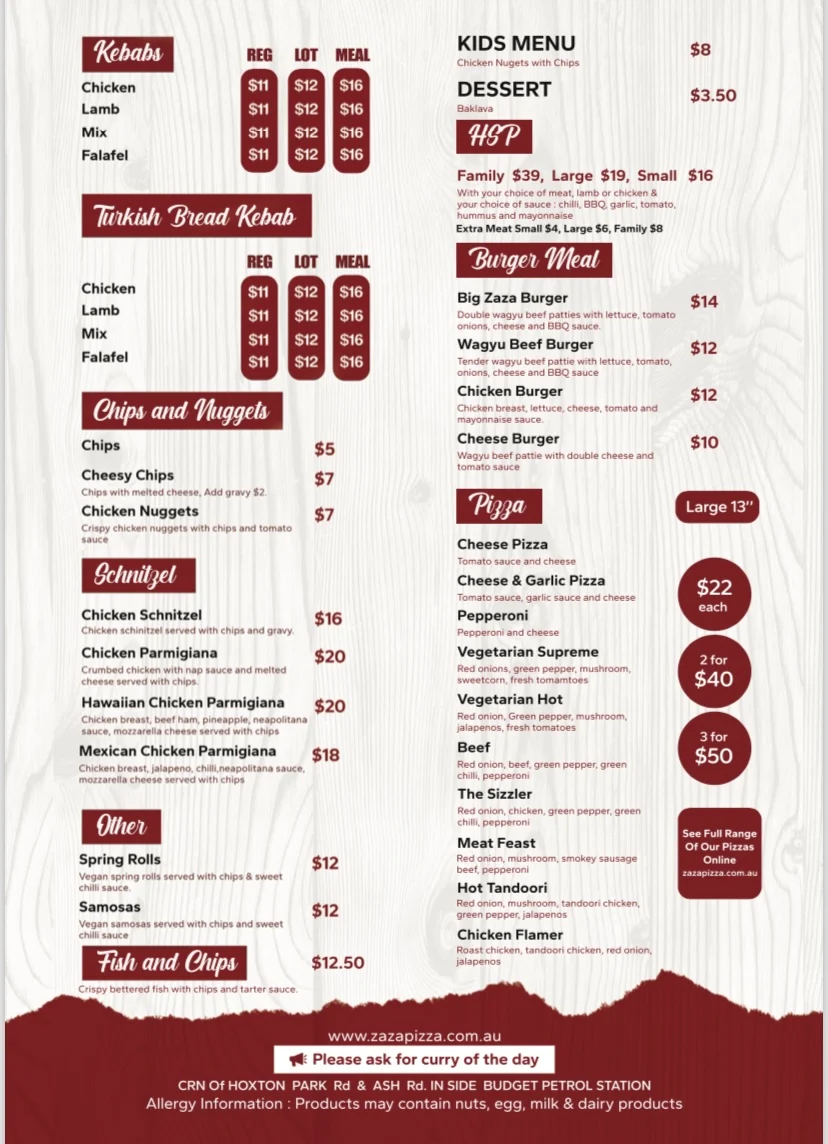 Menu, Zaza Pizza & Kebab