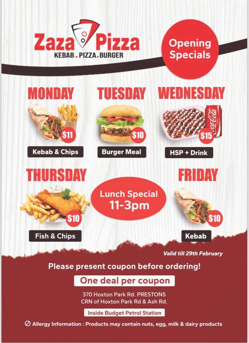 Menu, Zaza Pizza & Kebab