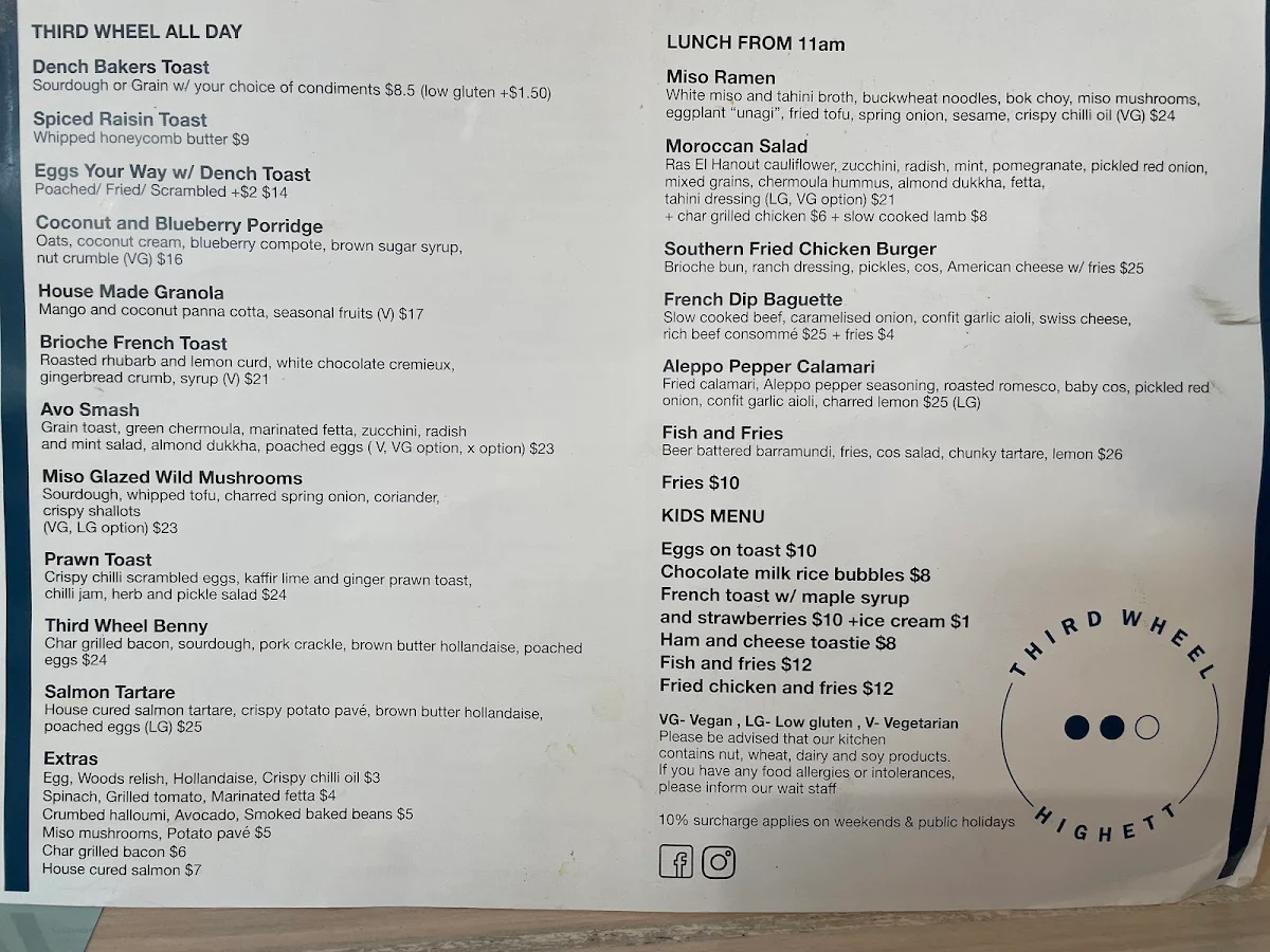 Menu, Third Wheel Highett