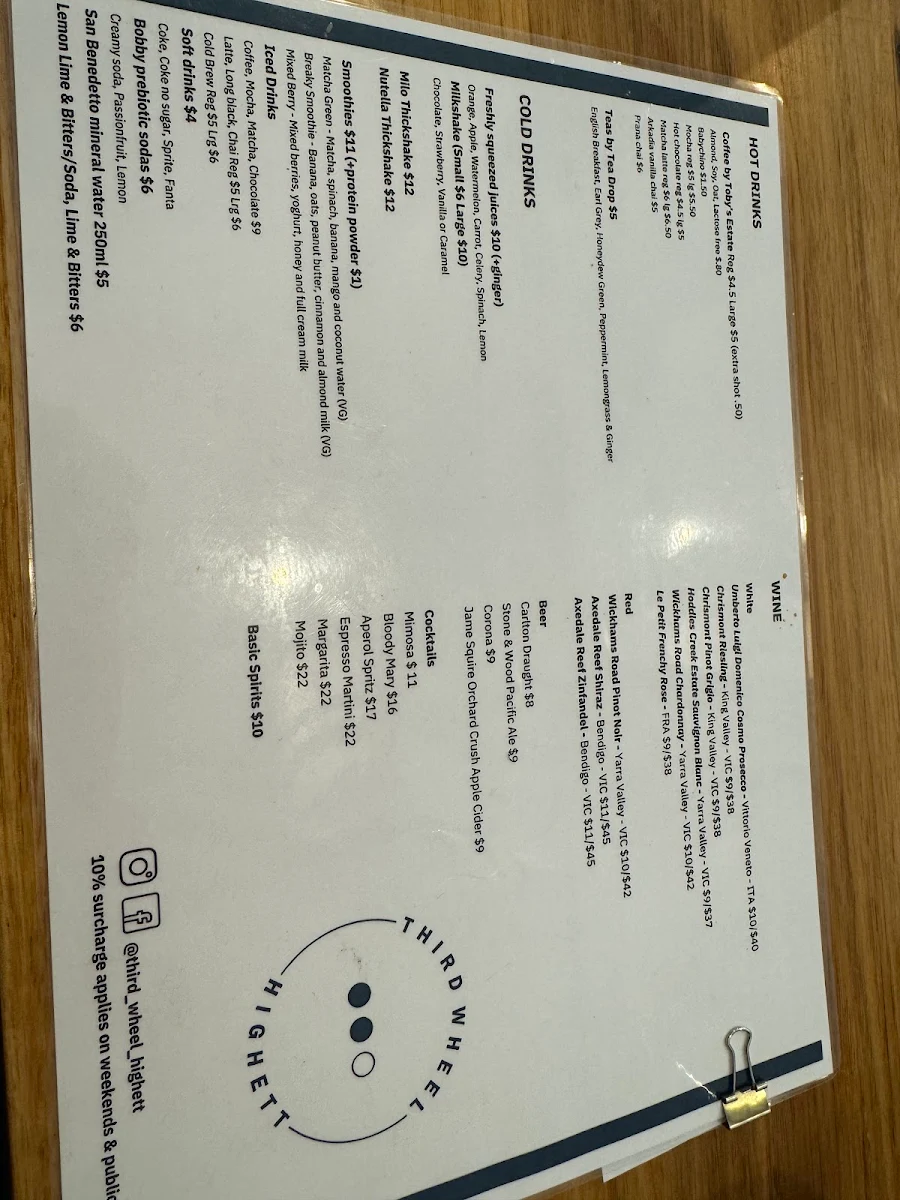 Menu, Third Wheel Highett