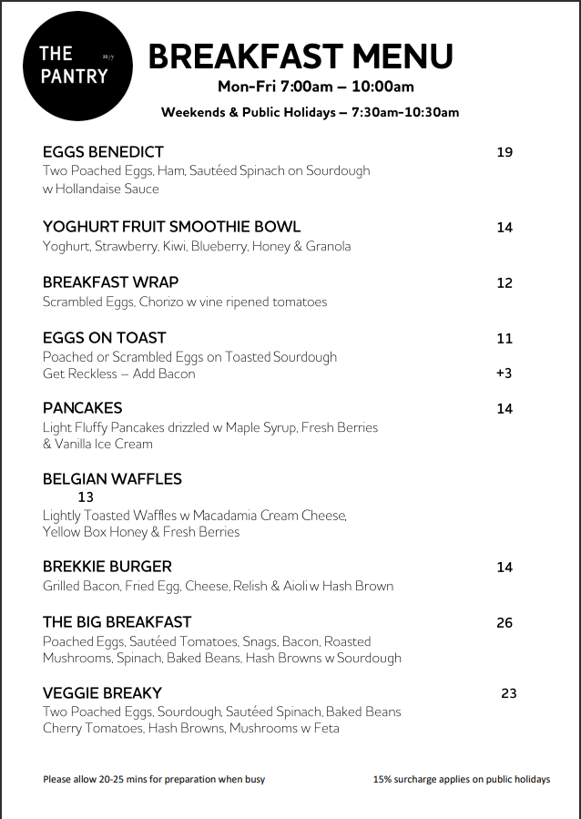 Menu, The Pantry