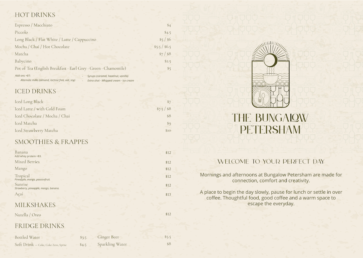 Menu, The Bungalow Petersham