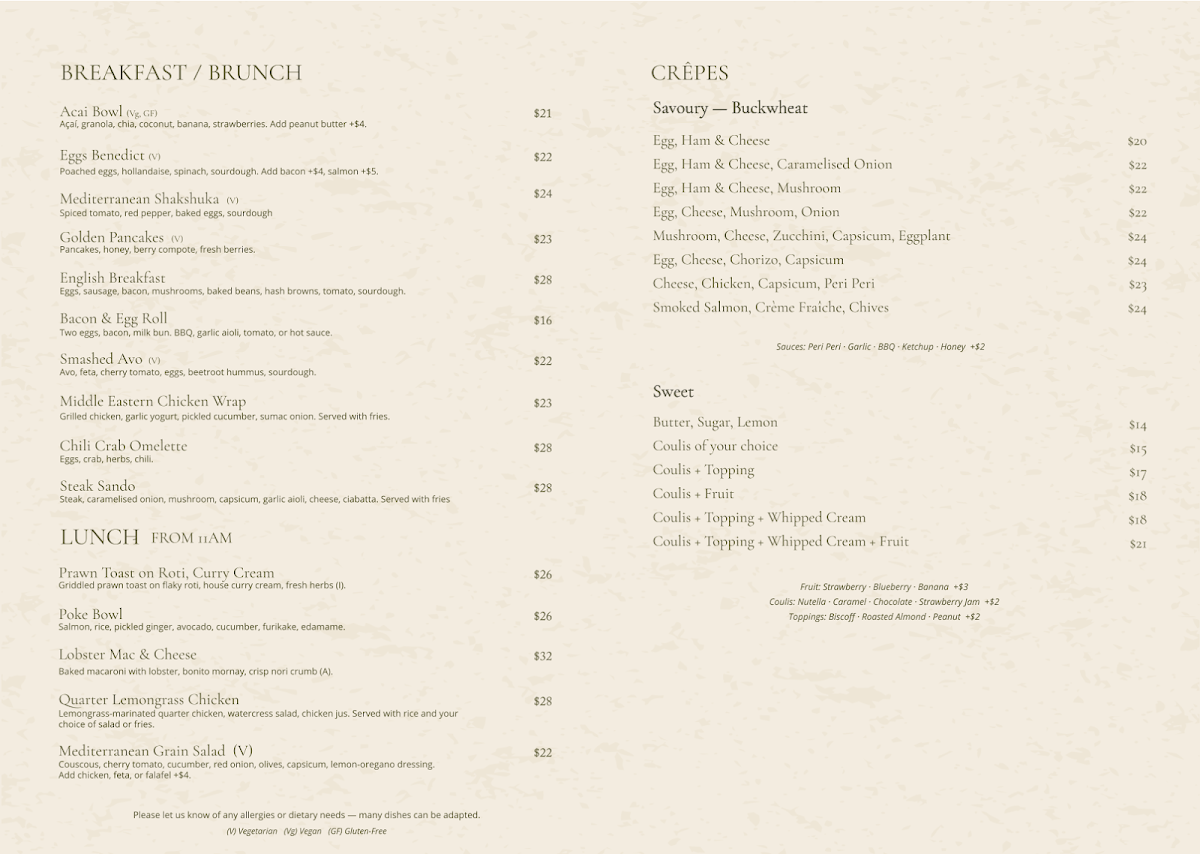 Menu, The Bungalow Petersham