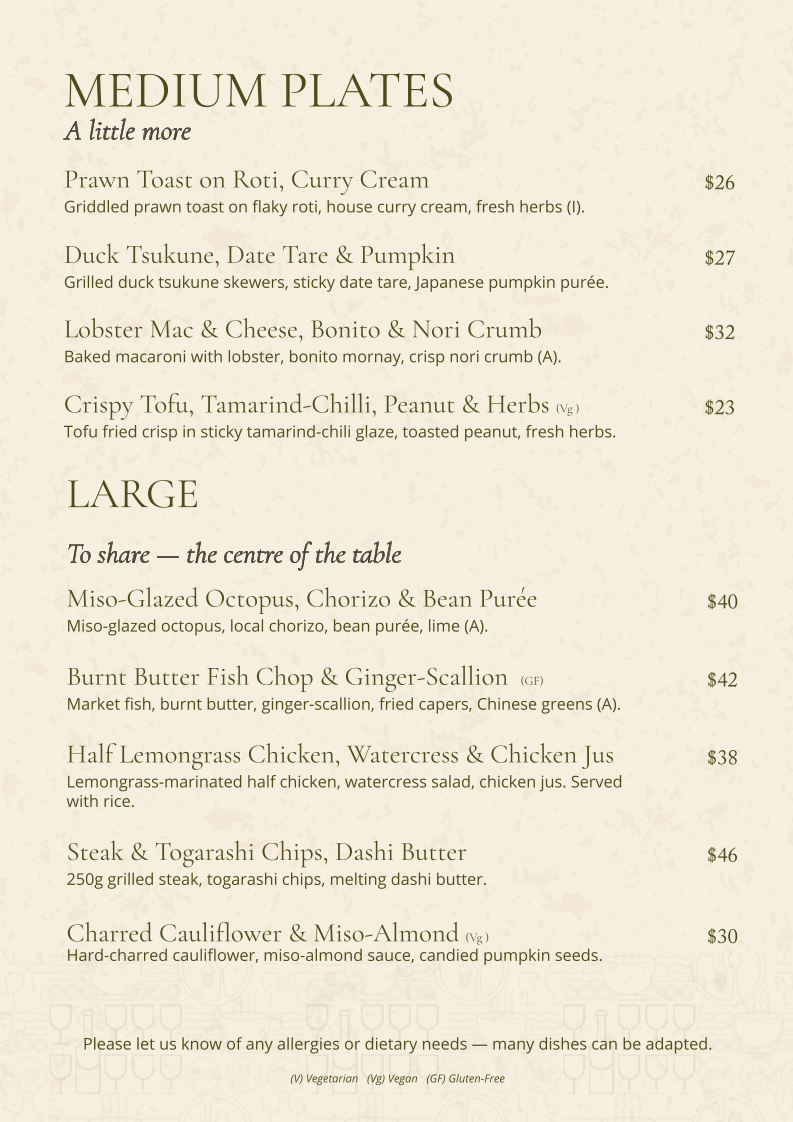 Menu, The Bungalow Petersham