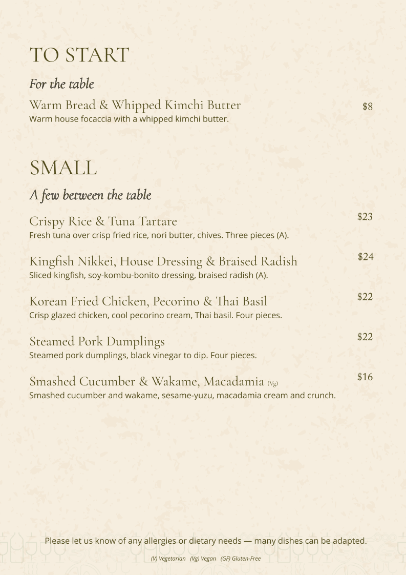 Menu, The Bungalow Petersham