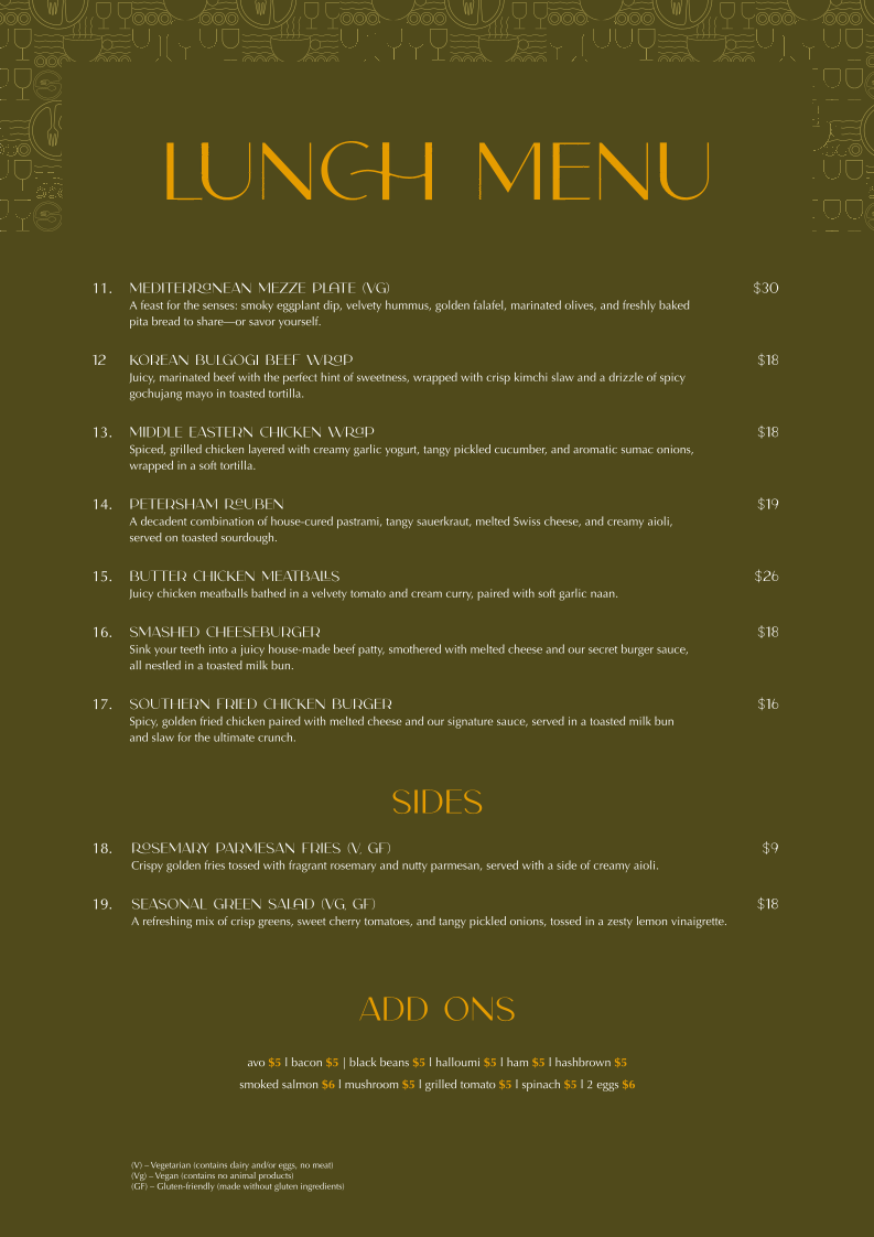 Menu, The Bungalow Petersham
