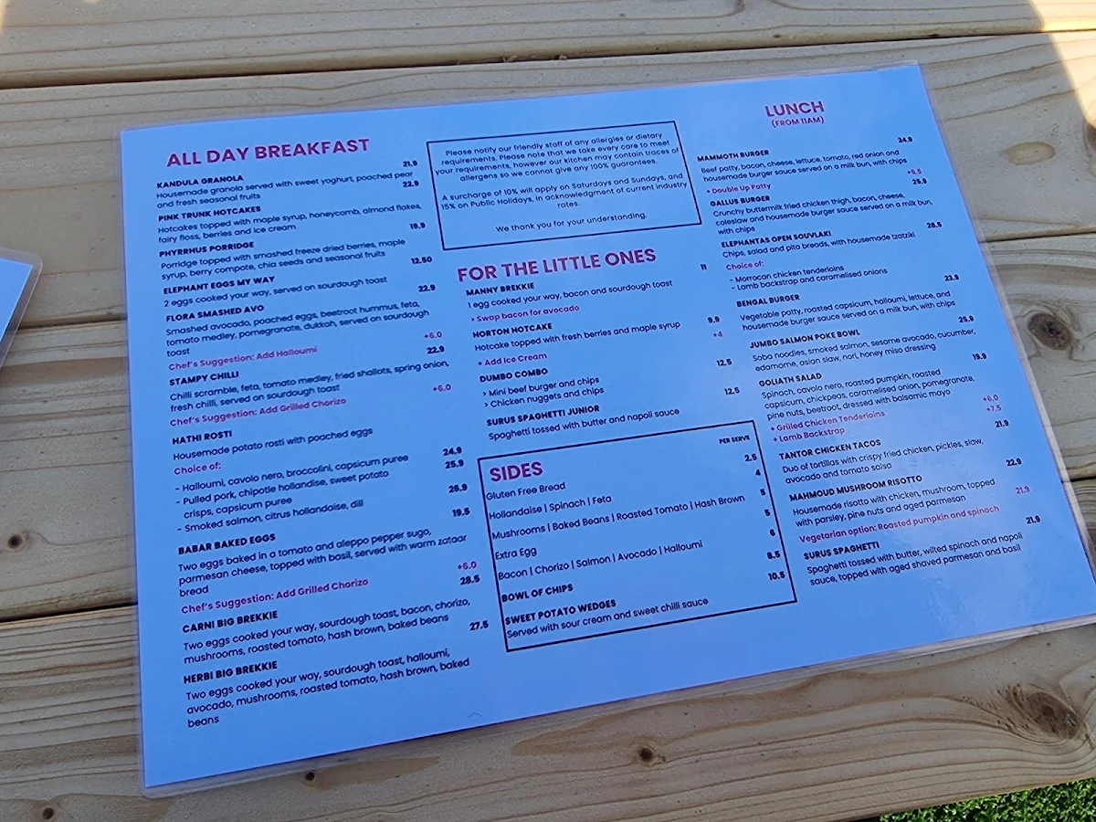 Menu, Elephant Cafe Albion