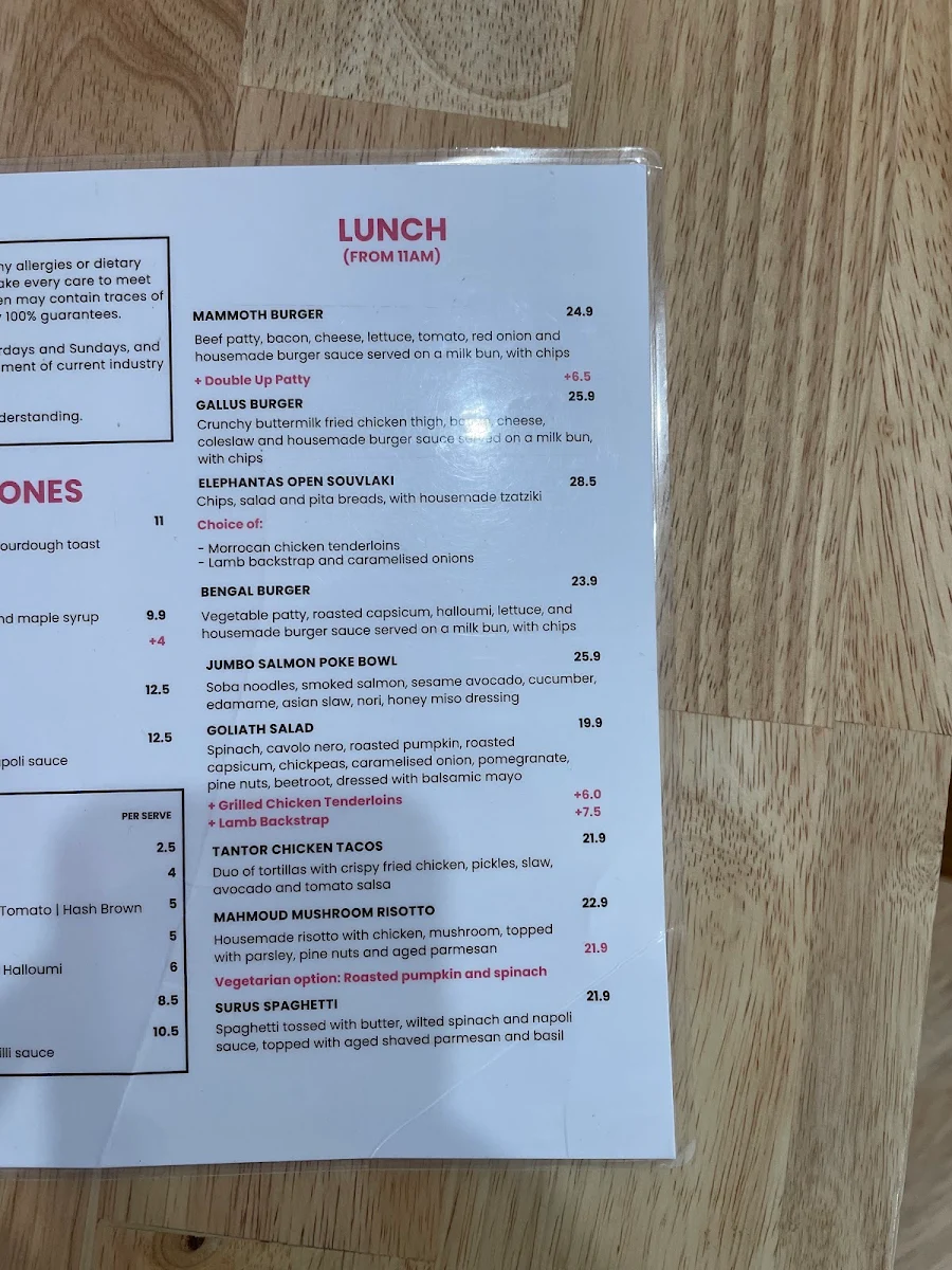 Menu, Elephant Cafe Albion